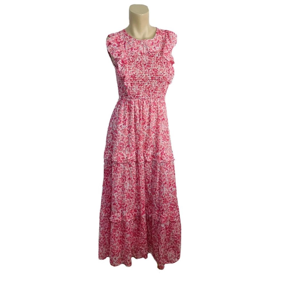 Gorgeous BANJANAN Iris Pink Floral Smocked Soft Cotton Clover Field Summer Dress - Picture 2 of 9